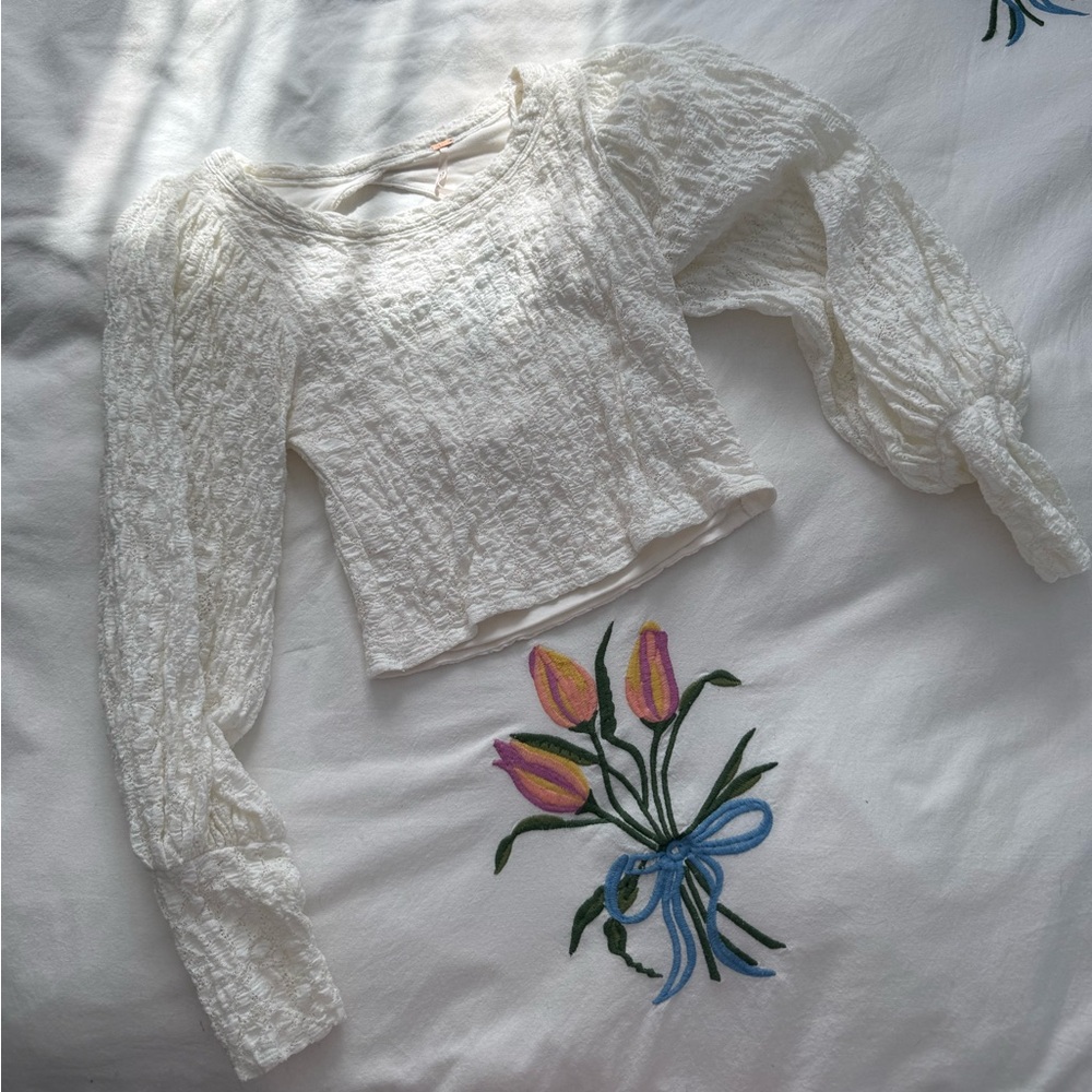 Free People Tea Time Jasmine Lace Open Back Top, Puff Sleeves XS